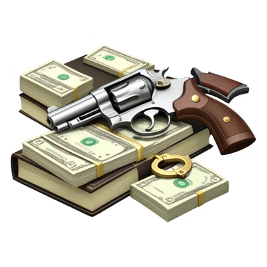 Icon for Action & Crime Reading: an open book, a revolver, handcuffs, a stack of cash. Surrounding elements include a dark alley, a police badge, and a pair of sunglasses. The icon should evoke tension, suspense, and action. Transparent background. sticker
