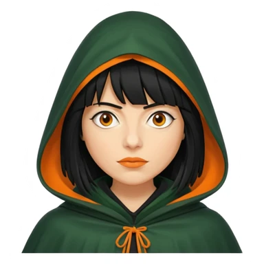 traitor tv show, person wearing dark green cloak with hood up who looks like claudia winkleman orange skin tone and thick black fringe no orange on the cloak  sticker