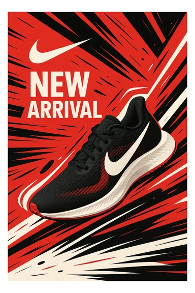 modern poster design featuring Nike's new arrival shoes, Nike logo prominently displayed, sleek and energetic style, bold colors, dynamic layout sticker