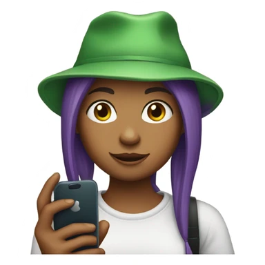 Make a daughter with a cell phone and purple hair and a green hat sticker