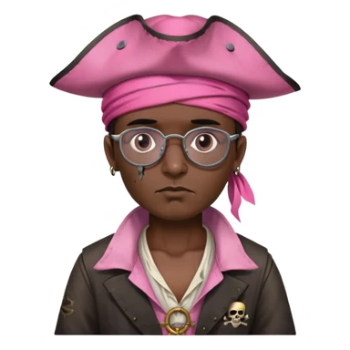 a pirate,from somalia, black skin,big forehead,pink pirate hat, dirty clothes, broken eyeglasses sticker