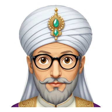 Jeff Goldblum no glasses as a regal portrait dressed as suleiman-the-magnificent,-depicted-as-a-regal-ottoman-sultan-adorned-with-a-large,-white,-round,-tall-turban-and-a-majestic-grey-beard,-his-commanding-gaze-bathed-in-warm,-historic-lighting-that-exudes-timel sticker