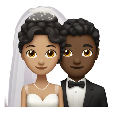 Bride with black wavy hair and light skin, Groom with black short wavy hair and brown skin, both dark brown eyes sticker