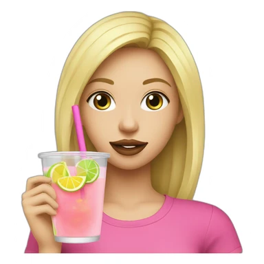 blonde girl straw drinking pink lemonade with one green lemon in the cup, with black watch black t shirt sticker