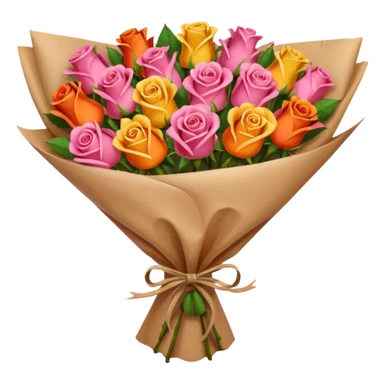 Bouquet of red orange pink yellow roses in package sticker