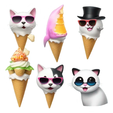 Shark with a top hat, panda eating ice cream, cat with sunglasses sticker