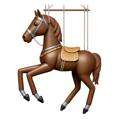 3D render of Horse Puppet as a wooden marionette puppet, Wooden toy horse on strings, silver metal screw joints at elbows and knees, polished brown wood texture, rigid toy pose, emoji style, isolated on white background --v 6.0. sticker