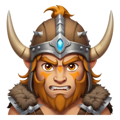 Clash of Clans aesthetic: Cinematic Fierce Barbarian Portrait Emoji, Poised and bold with a rugged yet cartoonish build in tattered furs and a horned helmet, his exposed skin a rich tan, expressive bright eyes and a confident smirk, Simplified yet dynamic features, highly detailed, glowing with a vivid, adventurous aura, high shine, heroic and spirited, stylized with an air of medieval warrior charm, focused and energetic, soft glowing outline, capturing the essence of a fearless barbarian adventurer ready to lead his clan with spirited valor! sticker