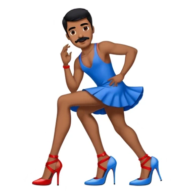 Man in a blue dress and blue and red strappy high heels with black hair and black mustache and brown skin sticker