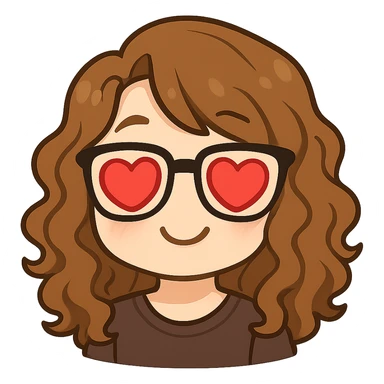 Create a chibi sticker emoji of this person with glasses and curly hair, heart eyes expression, in Twitch emote style, with a transparent background. sticker