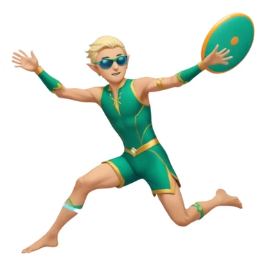 elf male legolas mid-action throw, launching a frisbee woven from pure sunlight, wearing sporty teal swim shorts and performance sunglasses, athletic pose, pointy ears, dynamic motion lines, beach sky backdrop, centered emoji sticker