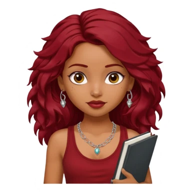 a pretty tan indian bratz girl with messy dark wavyred hair, wearing a dark red tank top, layered silver necklaces. Carrying multiple sketchbooks sticker
