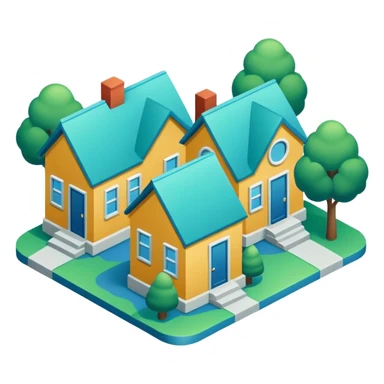 group of 3 houses representing neighborhood isometric houses on transparent background similar in style to the iphone icons houses should be colored in blue and green details sticker