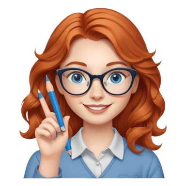 redheaded woman with long wavy hair, blue eyes, cat-eye glasses, casual outfit, holding a pencil, smiling, waving sticker
