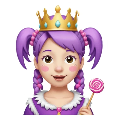 smiling face with pink pigtails, eyes closed, wearing a crown with white and purple feathers on top, and a lollipop in its mouth sticker