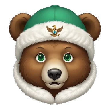 Cheerful brown bear head with emerald green eyes wearing white winter ushanka hat with double-headed eagle symbol centered, Russian themed sticker