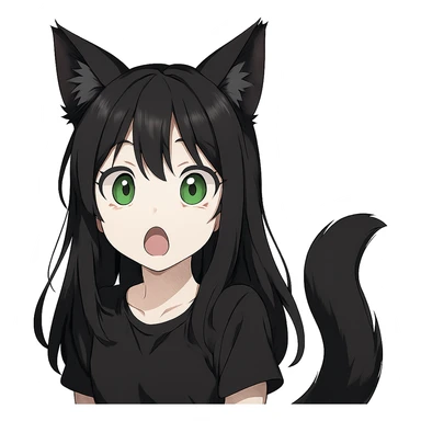 a surprised girl with huge green eyes, black fox ears, and a tail, dark hair sticker