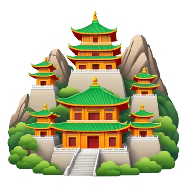 Wutai Mountain Buddhist temples, simplified emoji style with bold outlines and bright colors, cartoon style traditional Chinese temple with mountains sticker