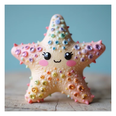 realistic sea star with rainbow pastel colors, sparkling gems, natural texture, slight kawaii charm, gentle cute expression sticker