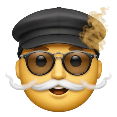 A high-res yellow face emoji with black sunglasses and a backwards black cap, smirking with half-lidded eyes and exhaling soft gray-white smoke, with detailed shading, glossy lenses, and realistic smoke wisps. sticker