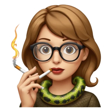 can you create a sneaky SNAKE with big glasses smoking a cigarrette - with light brown hair, with hands on her chin as if she's innocent but with a bitchy look in her eyes and cigarrette in the mouth - the emoji itself is a snake with all these characteristics sticker
