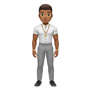Handsome Black guy with brown skin tone, with lean muscular build, wearing gray slacks, a white button up top, black shoes, and a small gold chain sticker