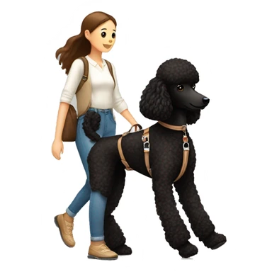 3 legs One Small unshaved Black Poodle with brown harness is walking with a pretty girl sticker