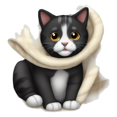 Black tiger cat with white mouth, white neck, with a cozy blanket sticker