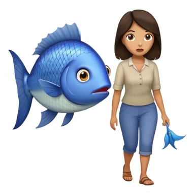Annoyed Brunette Woman walking with huge fish sticker