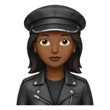 a leather Dom lesbian woman in her 40s with a black leather cap and black leather jacket sticker