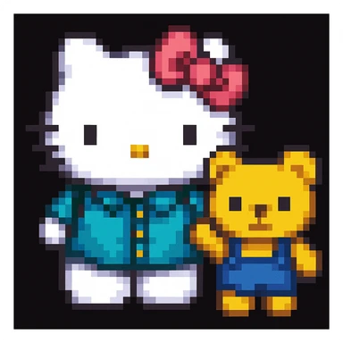 Add a friend to Hello Kitty in the style of pixel art sticker