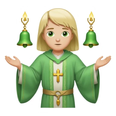 a priest, green eyes, blonde hair, light green wide, flowing, bell-shaped outer robe. opening arms, gazing thoughtfully. Soft light, subtle fern. Waist-up, profile. sticker
