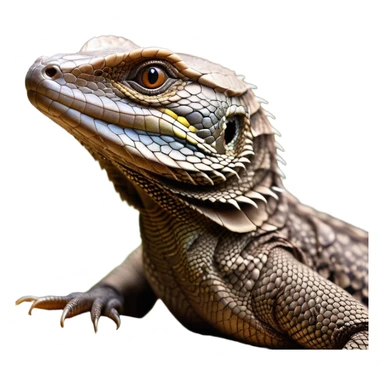 Cinematic Noble brown monitor Lizard Portrait Emoji, Poised and regal, with a robust, scaled body exhibiting striking, mottled patterns and piercing, alert eyes, Simplified yet sharp and sophisticated features, highly detailed, glowing with a soft, earthy glow, high shine, intelligent and formidable, stylized with an air of ancient wilderness, focused and commanding, soft glowing outline, capturing the essence of a watchful and confident reptilian guardian that appears ready to stride out of the screen with effortless authority! sticker