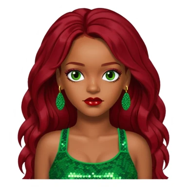 Rihanna with dark red long hair, green sequin crop top, hazel eye sticker