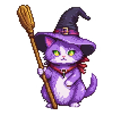 purple witch cat holding a broom sticker