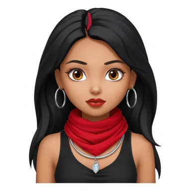 a pretty bratz dusky girl with long black hair, kajal under eyes, small silver hoop. black tank top on. Red scarf around neck sticker