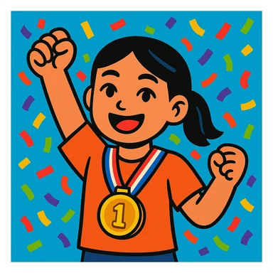 asian girl with a medal around her neck, confetti background, colorful illustration sticker