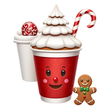 3D emoji of a festive paper cup from the Moscow Red Square Christmas fair. The cup features traditional Russian red and white ornaments. Steam is rising from the top, with a cinnamon stick and a small gingerbread man cookie peeking out. Glossy paper texture, soft 3D render, sticker