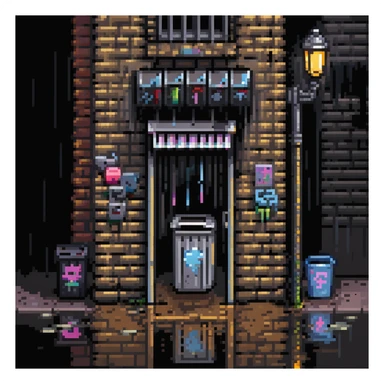 Pixel art background in side-scrolling view, inspired by classic Sega fighting games. Dark urban street in front of an old brick building, with graffiti, broken windows, metal door, trash cans, flickering neon sign, and a streetlamp. Gritty atmosphere, nighttime, subtle rain puddles on the ground. sticker