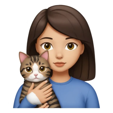 Brunette girl with light tan skin holding a fat black tabby cat sticker