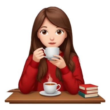 Read hair girl in red oversized sweater sipping tea with a stack of books beside her  sticker