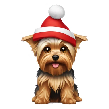 Yorkshire terrier sitting under Christmas hat sticker