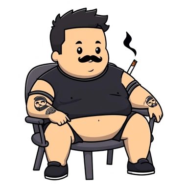 Overweight man sitting back in chair with legs spread, holding cigarette, exposed belly, round face, very short black hair (not bald), short beard with mustache, black t-shirt with light stripes on top, black shorts, arms covered in black line tattoo patterns on forearms and shoulders sticker
