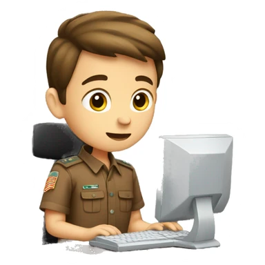 a boy in a brown uniform using a computer sticker