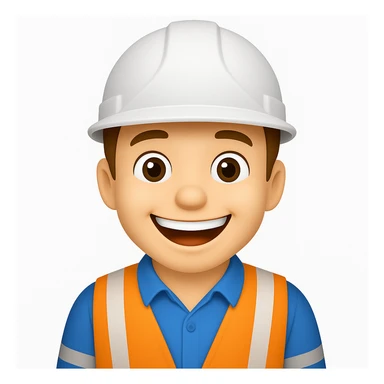 make the construction worker look happy, with a big smile, bright eyes, and cheerful posture in emoji style sticker