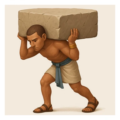 Create another fullbody ancient Egyptian worker, no fancy hat, carrying a large rock block on their back, in a realistic pose. The style should resemble emoji style with simple and concise features. sticker