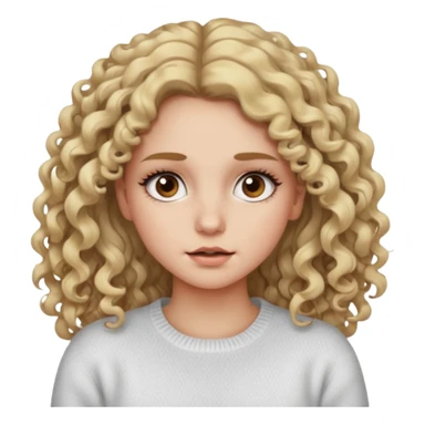 a dirty blonde girl with brown eyes and make her wearing a white sweater with curly hair and white skin color, long hair and big lashes sticker