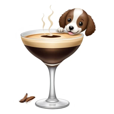 An espresso martini with three coffee beans and a doodle dog sticker