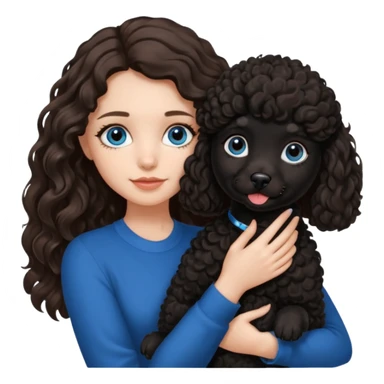 Brunette girl with long wavy hair and blue eyes holding one black puppy poodle with black fur and brown eyes. No decoration on the dog.  sticker