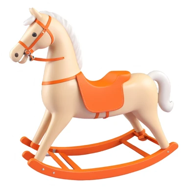 rocking horse, 3D, plain wood, clean lines, Hermès orange detail, minimal design, no text sticker